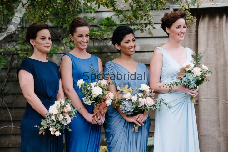 Mismatched Simple Blue Jersey Custom Beach Long Bridesmaid Dresses WG818