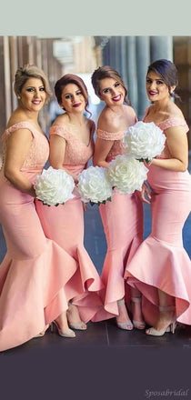 Modest Pink Mermaid Off-shoulder V-Neck Pretty Bridesmaid Dresses, PD0258