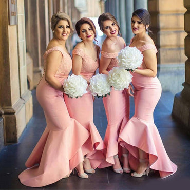 Modest Pink Mermaid Off-shoulder V-Neck Pretty Bridesmaid Dresses, PD0258