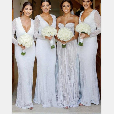 Modest Long Sleeves Sheath V-Neck Long Fulle White Lace Bridesmaid Dresses  ,  WG386