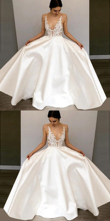 New Arrival High Qulaity A-Line Deep V-Neck  Satin Beach Wedding Dress with Appliques, WD0154