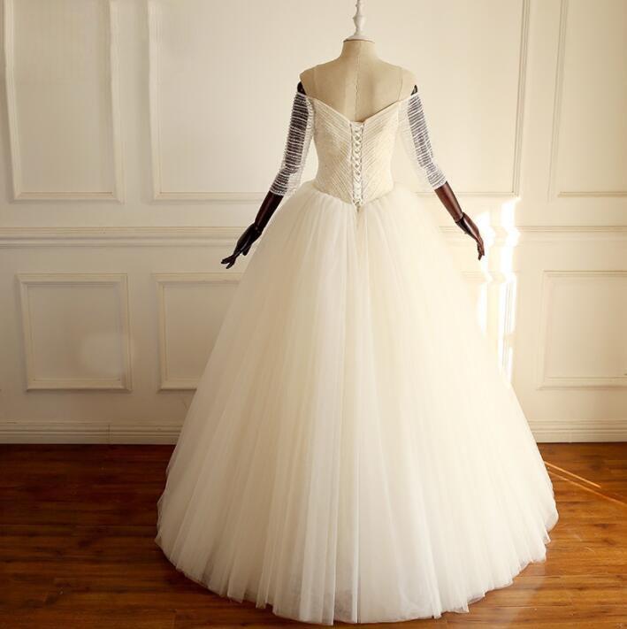 Off-the-Shoulder 3/4 Sleeves Sweetheart Bridal Gowns Sparkly Beading Shinning Gorgeous Princess Wedding Dresses , WD0281