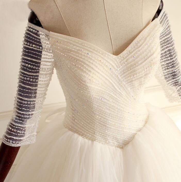 Off-the-Shoulder 3/4 Sleeves Sweetheart Bridal Gowns Sparkly Beading Shinning Gorgeous Princess Wedding Dresses , WD0281