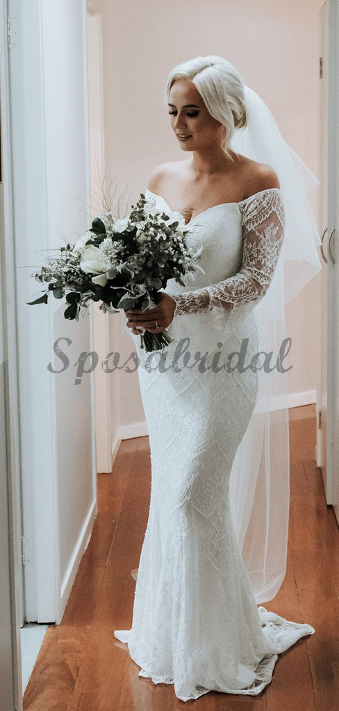 Off Shoulder Long Sleeve Lace Cutted Neckline Mermaid Wedding Dresses WD364