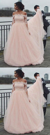 Off Shoulder Long Sleeve Pink A-line Wedding Dresses Online, WD344
