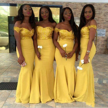 Off Shoulder Mermaid Yellow Long Formal Modest Cheap Bridesmaid Dresses Online, WG291