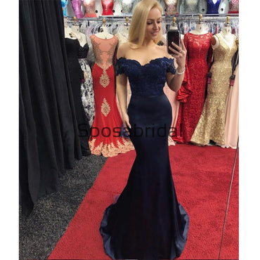 Off Shoulder Navy Blue Mermaid Lace Custom Formal Prom Dresses , Prom Dress PD1895