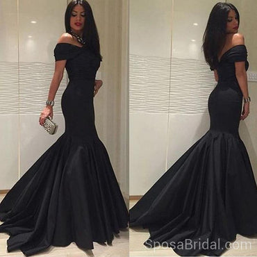 Off the Shoulder Mermaid Black Long Sexy Modest Simple Long Prom Dresses, PD1297