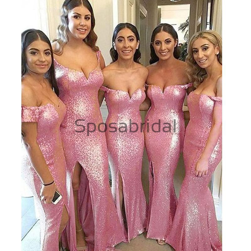 Sparkly Off the Shoulder Pink Sequin Sparkly Mermad Bridesmaid Dresses, WG663