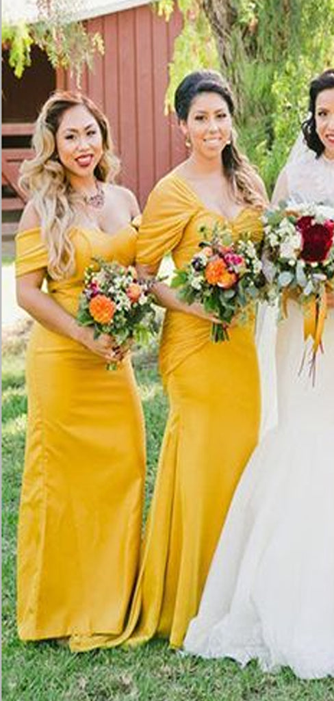 Off the Shoulder Yellow Mermaid Modest Bridesmaid Dresses, WG525