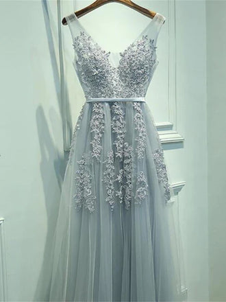 Cheap V-neck Dusty Blue Grey Lace Tulle A-line Long Prom Dress, PD0324