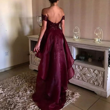 High-low Prom Dress,Asymmetrical Prom Dresses, Appliques Lace Backless Prom Dresses , PD0773