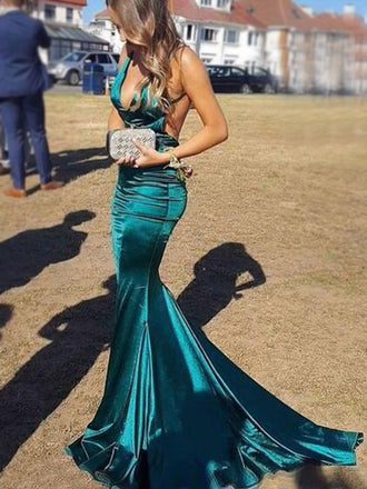 Cheap Mermaid Deep-Neck Spagheeti Straps Backless Turquoise Simple  Prom Dressse, PD0960