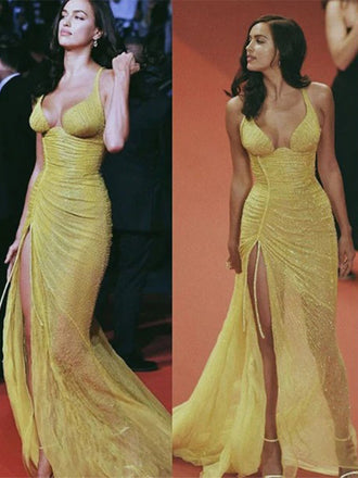 Sparkly Charming Yellow Sequin Mermaid Long Prom Dresses, PD1027