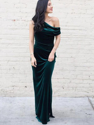 Long Sheath Emerald Green Velvet Mermaid Modest Prom Dresses, PD1170