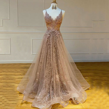 Spaghetti Straps Lace A line V Neck Long Elegant Formal Pretty Prom Dresses, PD1317