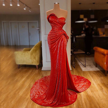Cheap Newest Sparkly Red Sequin Unique Mermaid Modest Fashion Long Prom Dresses PD1582