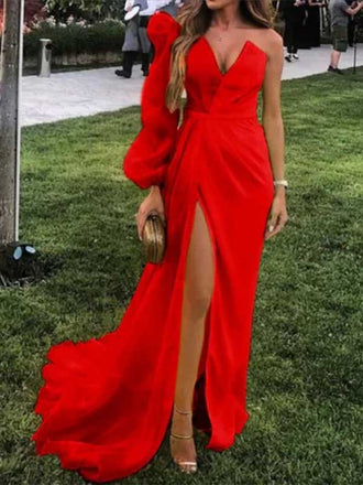 Sexy V-neck Unique Formal Single Multiple Colors Sleeve Long Prom Dresses PD1652