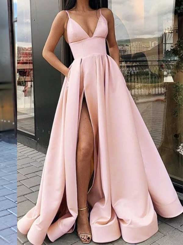 Cheap Satin Long A-Line V-Neck Strap Spaghetti Side Slit Prom Dresses, PD1700