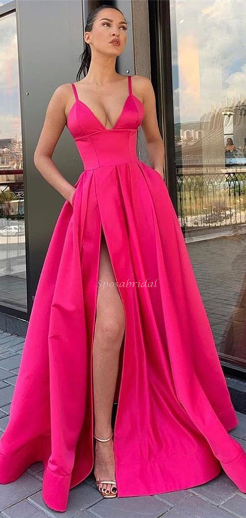 Cheap Satin Long A-Line V-Neck Strap Spaghetti Side Slit Prom Dresses, PD1700