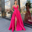 Cheap Satin Long A-Line V-Neck Strap Spaghetti Side Slit Prom Dresses, PD1700