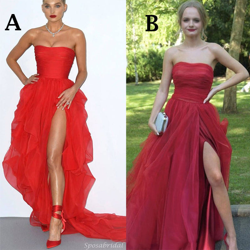 Sexy Red Strapless Straight Sheath Side-slit Tulle Long Prom Party Dress, PD3109