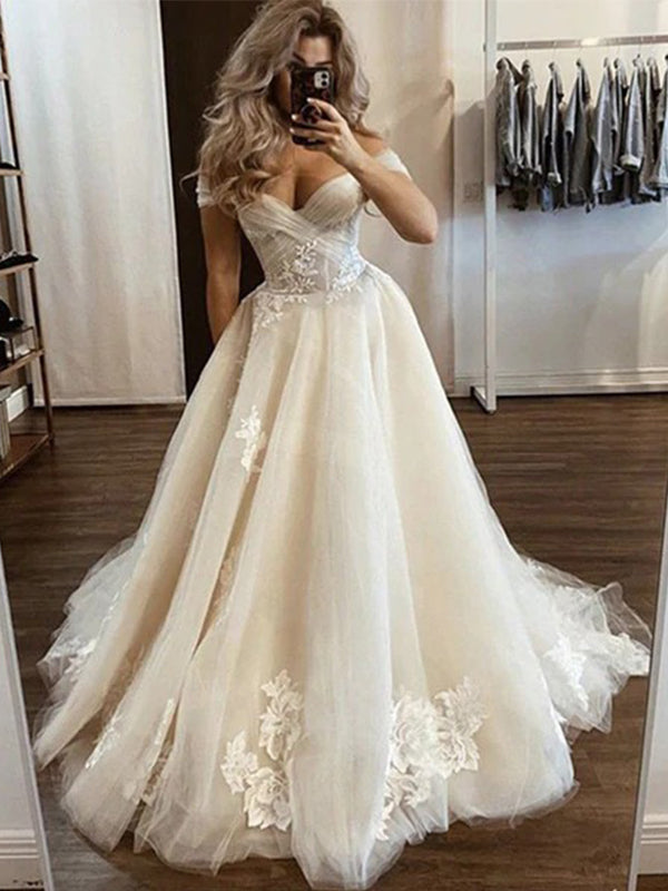 Elegant V-neck Off-shoulder A-line Lace Long Prom Dress Gown, PD3134