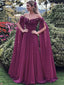 Elegant Mulberry Purple Off-shoulder Long Flowy Sleeve A-line Prom Dress, PD3135