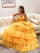 Charming V-neck Spaghetti-strap Ruffle A-line Long Prom Dress, PD3138