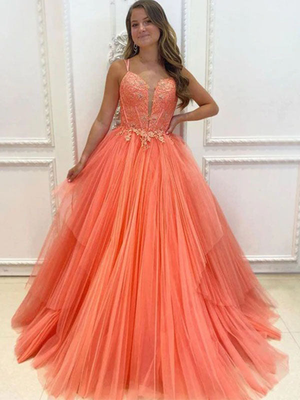 Charming Hot Coral Spaghetti Strap Sweetheart Lace Top A-line Long Prom Dress, PD3172