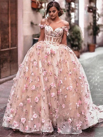 Elegant Floral Blush Pink Off-shoulder Sweetheart A-line Long Prom Dress, Ball Gown, PD3186