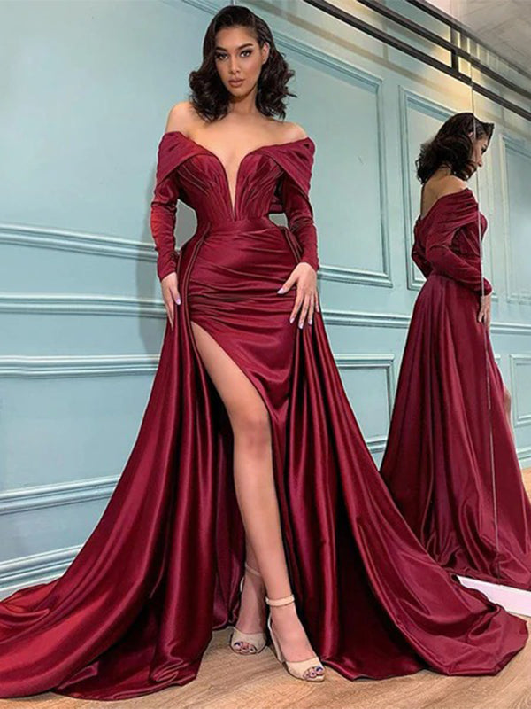 Elegant Burgundy V-neck Off-shoulder Side-slit Detachable Mermaid Long Prom Dress, PD3205