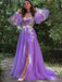 Lilac Floral Corset Top Off-shoulder Long Sleeves Side-slit A-line Long Prom Dress, PD3211