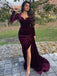 Elegant Maroon Velvet V-neck Long Sleeves Side-slit Mermaid Long Train Prom Dress, PD3217