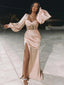 Blush Pink Square-neck Sweetheart Long Sleeves Side-slit Mermaid Long Prom Dress, PD3230