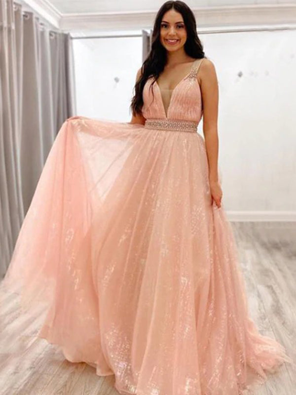 Blush Pink Shiny Spaghetti Straps V-neck A-line Long Prom Dress, PD3235