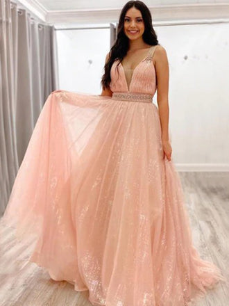Blush Pink Shiny Spaghetti Straps V-neck A-line Long Prom Dress, PD3235