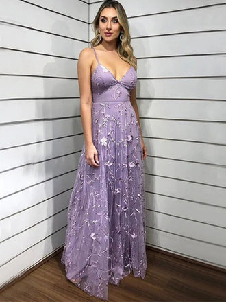 Dusty Violet Spaghetti Straps V-neck A-line Long Floral Prom Dress, PD3253