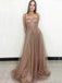 Sexy Champagne Gold Sparkly Spaghetti Straps A-line Long Prom Dress, PD3306