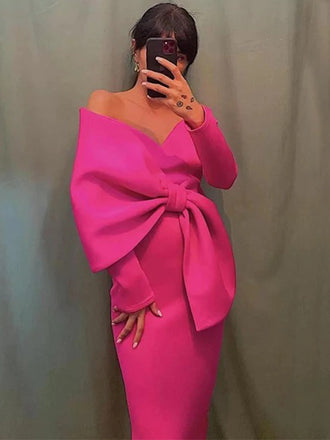 Off-shoulder Fuschia Bow Tie Long Sleeves Mermaid Tea-length Prom Dress, PD3327