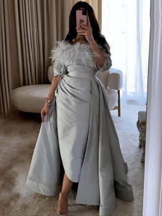 Sky Blue Off-shoulder Feather Top With Detachable Tail Mermaid Prom Dress, PD3328