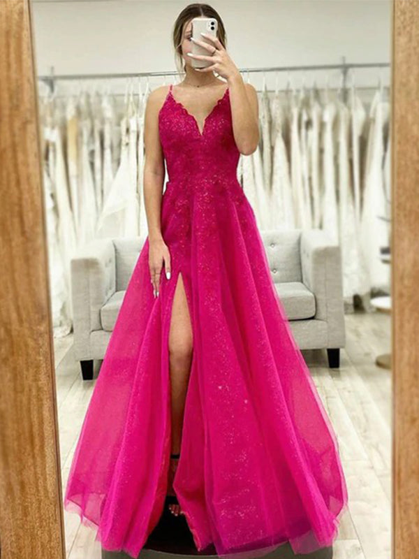 Spaghetti Straps V-neck Sparkly Side-slit A-line Long Lace Top Prom Dress, PD3346