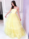 Pale Yellow Straight Across A-line With Flower Tulle Prom Dress, PD3426