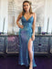 Blue Mermaid Spaghetti Straps V-neck Sexy Side-slit Lace Top Prom Dress, PD3427