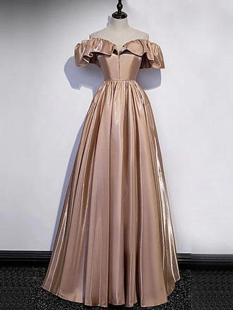 Dusty Pink Ruffle Off-shoulder A-line Long Lace Up Back Prom Dress, PD3447