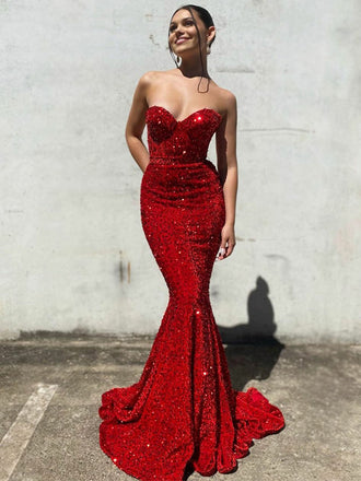 Sexy Candy Pink & Red Strapless Sweetheart Sparkly Mermaid Long Prom Dresses, PD3453