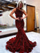 Sexy Dark Red Sparkly Open Back One-shoulder Mermaid Long Prom Dresses, PD3463