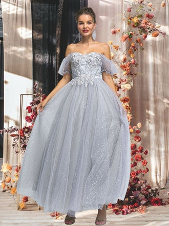 Lilac, Grey, Pink Off-shoulder Cute Lace Sparkly A-line Long Prom Dress, PD3572