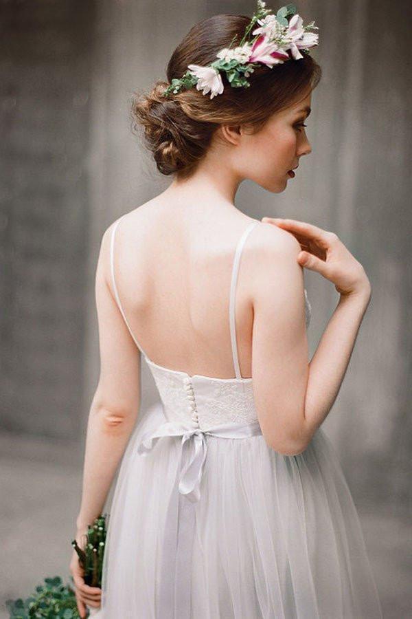 Simple Illusion Spahgetti Straps Tulle A-line Wedding Dresses Online, WD369