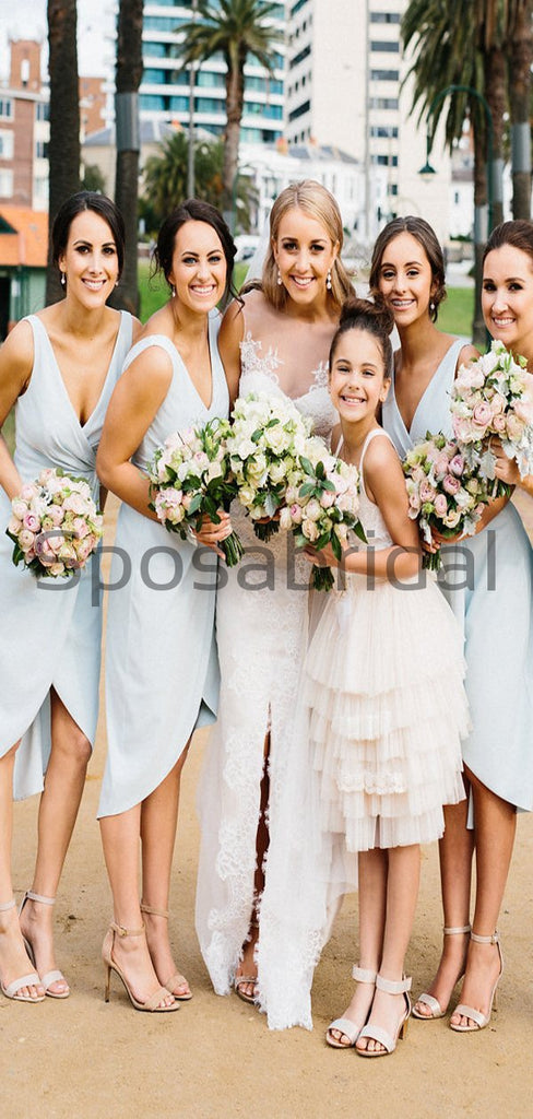 Pale Blue V-Neck Unique Beach Summer Short Bridesmaid Dresses WG800